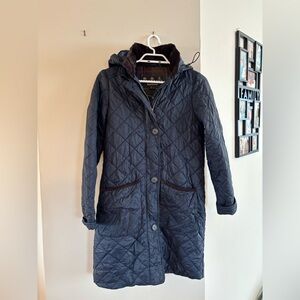 Barbour Lovell Hooded Long Quilted Jacket in Navy/Classic size 4